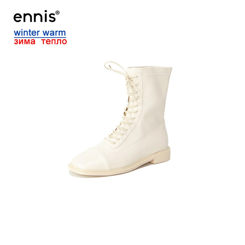 ENNIS/женские ботильоны на шнуровке; Ботинки martin из натуральной овечьей кожи; сезон осень-зима; растягивающиеся ботинки на низком каблуке; Белая обувь; A9381 - Цвет: White Plush Inside