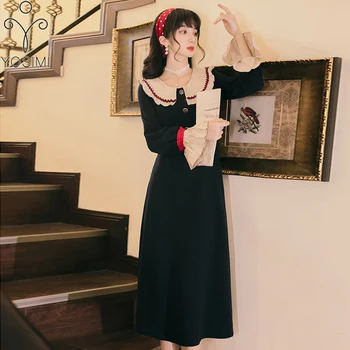 

YOSIMI 2020 Autumn Vintage Long Women Dress Blue Vestidos Mid-calf Fit and Flare Lace Peter Pan Collar Flare Long Sleeve Dresses
