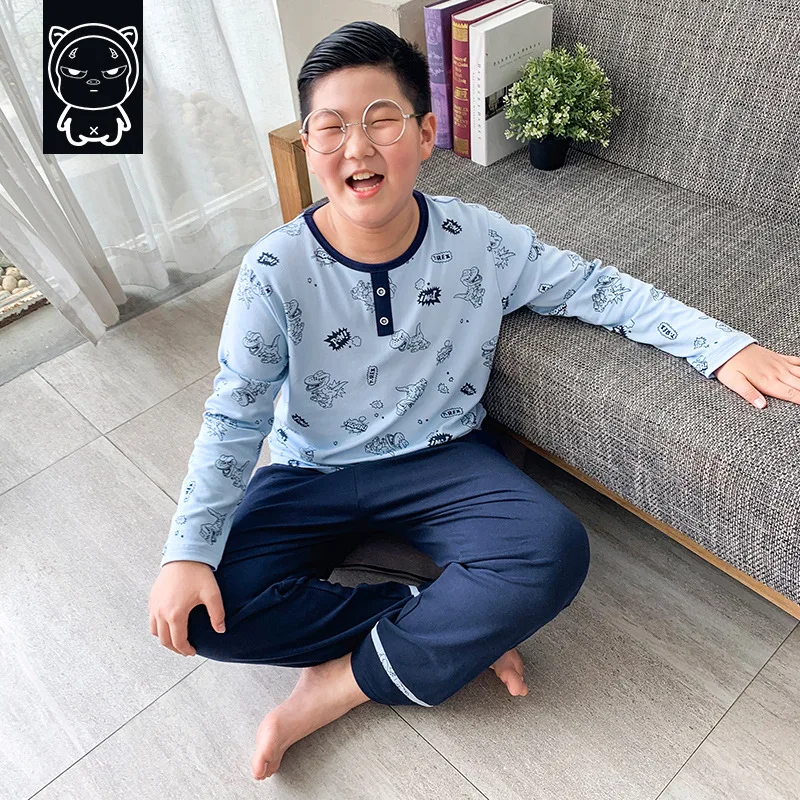 

BOY'S Plus-sized Home Wear Fat Big Kid Autumn Pajamas Suit Two-Piece Set Fat Child Base Clothing Cotton Loose-Fit