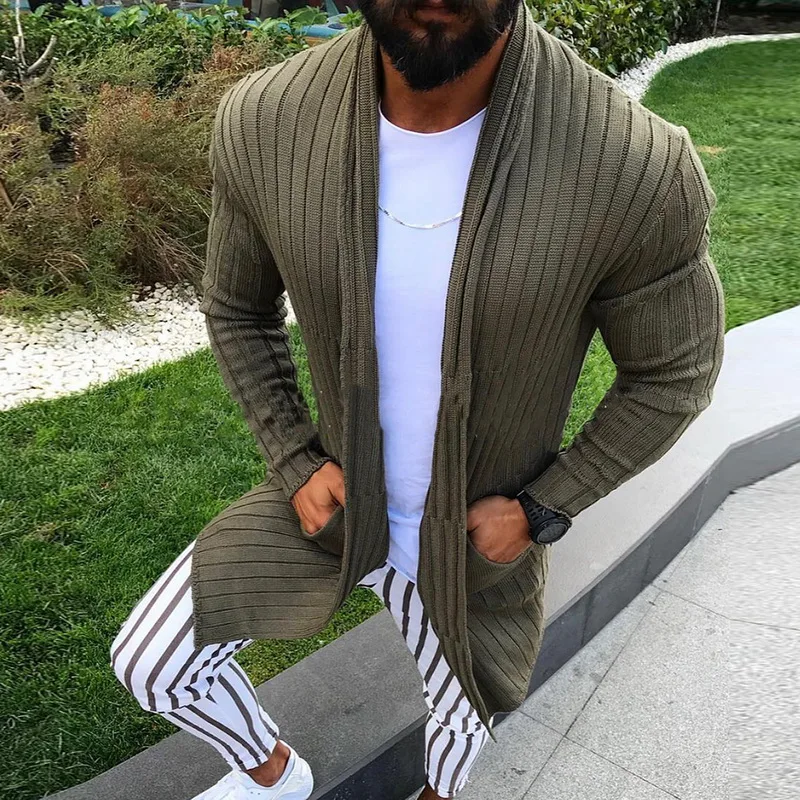 Cardigan Men Long Sleeve Striped Midi Sweater Coat with Pocket Winter Autumn Casual Solid Color Cardigans Pull Homme Hiver Cardigan Men Long Sleeve Striped Midi Sweater Coat with Pocket Winter Autumn Casual Solid Color Cardigans Pull Homme Hiver