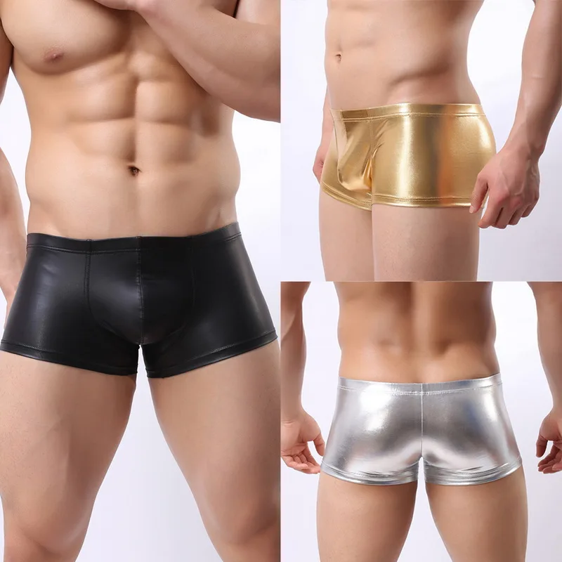 

PU Faux Leather Underpants Men Plus Size boxers Mens U Convex Pouch Boxers Black Nylon Sexy Shorts Male Underwear