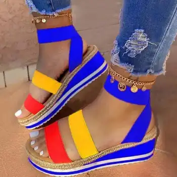 

Summer Beach Bling Crystal Rome Ladies Sandals Rhinestone Platform Mixed Color Cutouts Wedges Women Sandals Shoes Woman jkm8