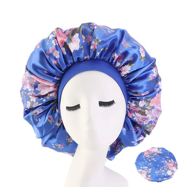 Large Print Satin Silky Bonnet Sleep Cap Width Elastic Band for Women Solid Color Head Wrap Lady Hair Accessories Wholesale style1