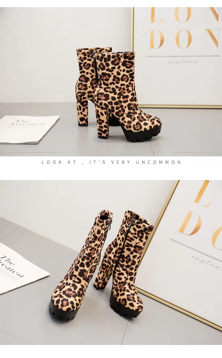 Aneikeh/ Модные женские ботильоны леопардового цвета, на высоких каблуках, ботинки с принтом, на молнии, острый носок квадратный каблук; обувь на не сужающемся книзу массивном зимняя обувь размеры 35–42