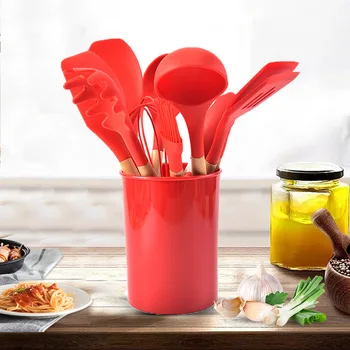 

Silicone Cooking Utensils Set Non-stick Spatula Soup Spoon Wooden Handle with Storage Box Kitchen Tools Set Gifts for Mother