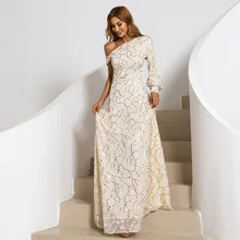 

Solid Color One Shoulder Long Sleeved Temperament Womens Dress Banquet Sequin Evening Dress Women