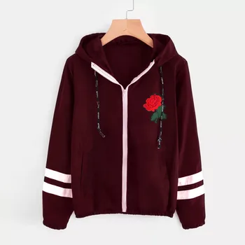 

Jackets Coats Women Long Sleeve Rose Thin Skinsuits Hooded Zip Floral Pockets Sport Coat Winter Warm chaqueta mujer Plus Size