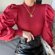 2020 New Women Solid Sweater Turtleneck Cropped Pullover Top Patchwork Full Puff Sleeve Sweaters Jumpers For Female