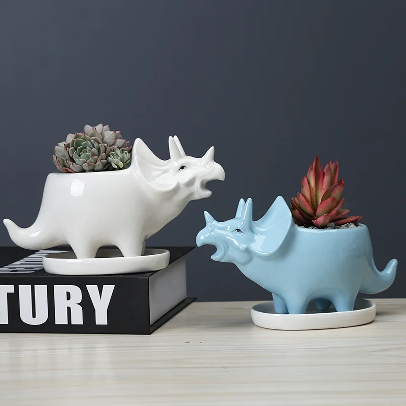 

Ceramic Triceratops Planter with Tray Cerative Dinosaur Flower Pot for Succulents Decorative Ornament Home Office Tabletop Decor