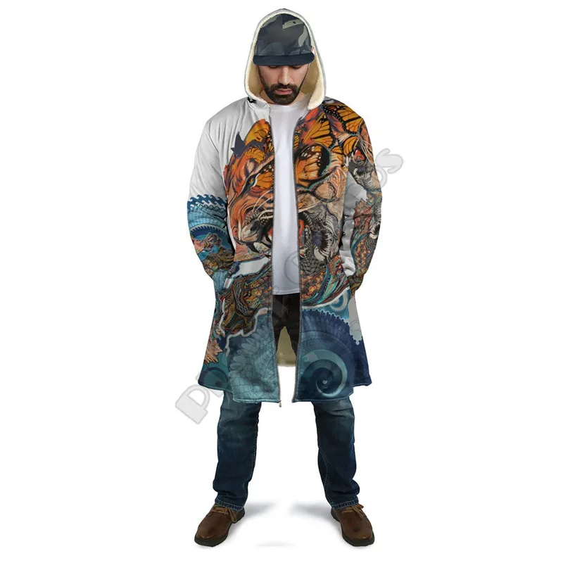 Mask Tattoo 3D Over Printed Cloak Hoodie Cloak for Men and Women Winter Fleece Wind Breaker Warm Hood Cloak