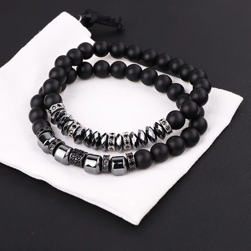 JARAVVI Natural Stone CZ Pave Charm Matte Onyx Elastic Beads Bracelet Set Men Jewelry Gift
