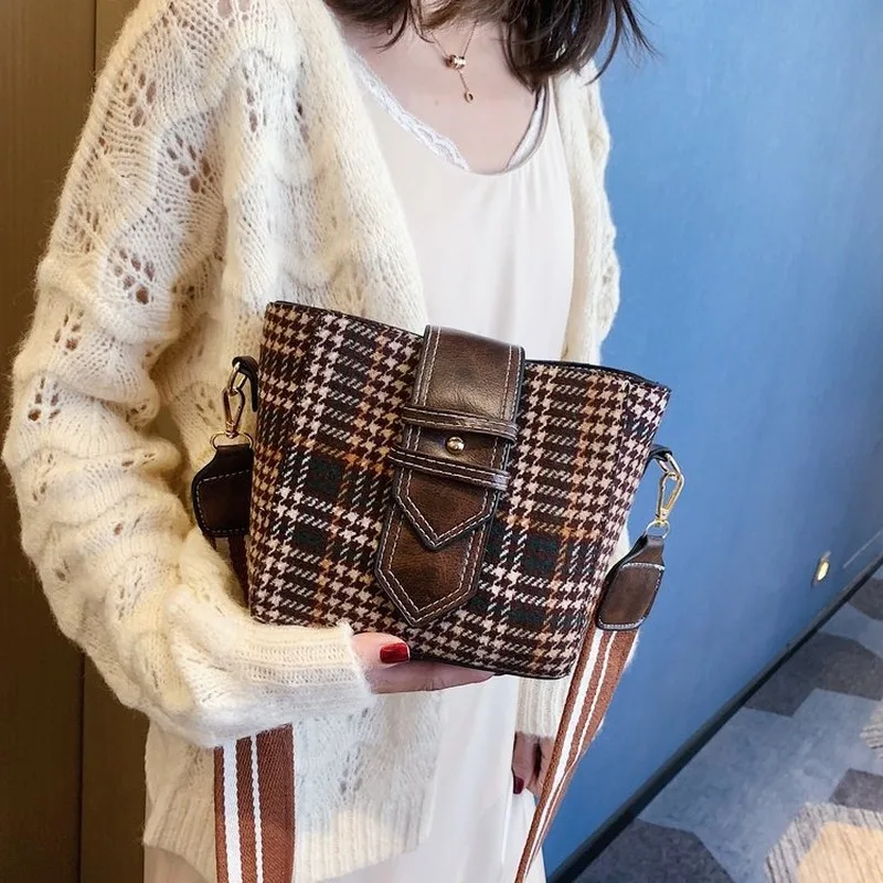 

Wool plaid single shoulder bag vintage bucket bags women cross-body handbag designer bags famous brand women bags