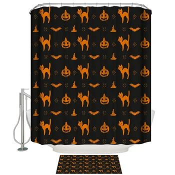 

Cat, Pumpkin, Bat, Witch Hat On A Black Background Shower Curtain Set Waterproof Fabric