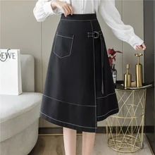 

Women Korean Loose Fashion Lace Up A-line Skirts 2021 Spring Summer New Midi Long Skirt Casual Pocket Lady Irregular Long Skirt