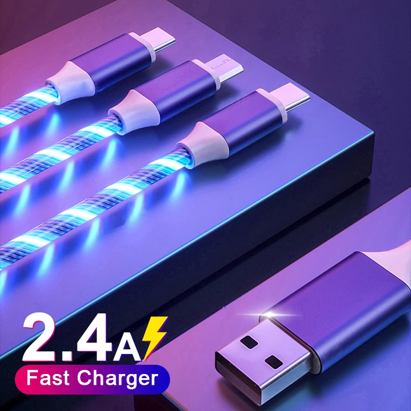 Светящийся зарядный кабель 3 в 1 Micro USB Type-C 2 м цветной светодиодный светильник