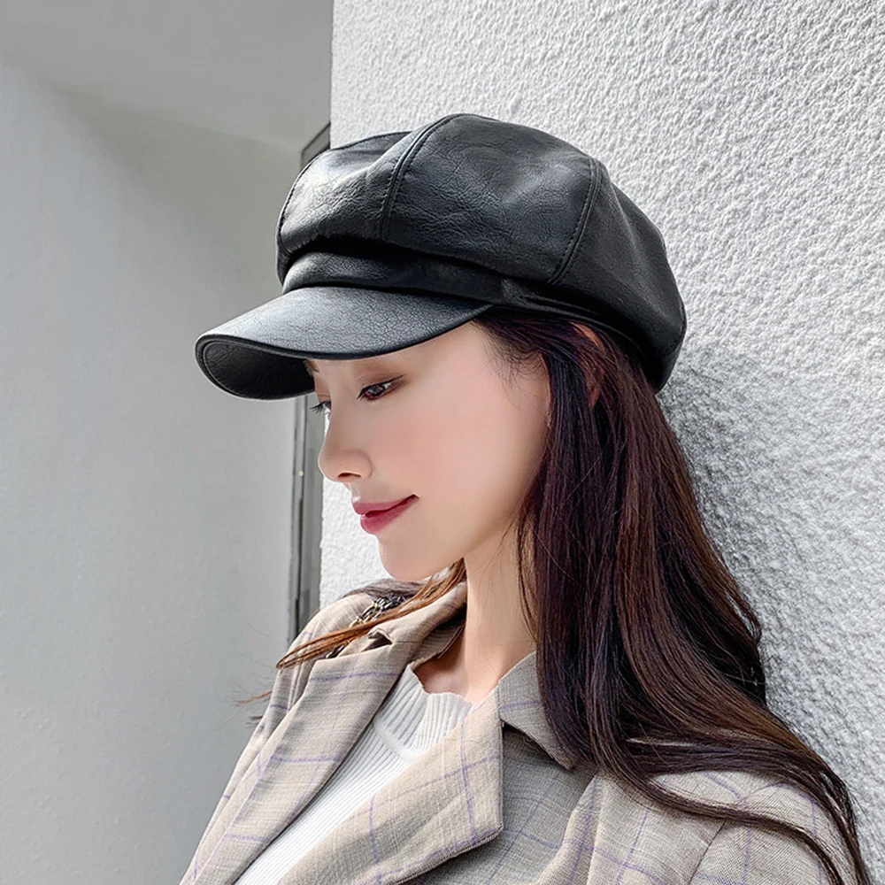 Искусственная кожа восьмиугольная шляпа женский Тренд Осень Зима Британский модный берет шапка темперамент Милая Личность Повседневная газетная шапка
