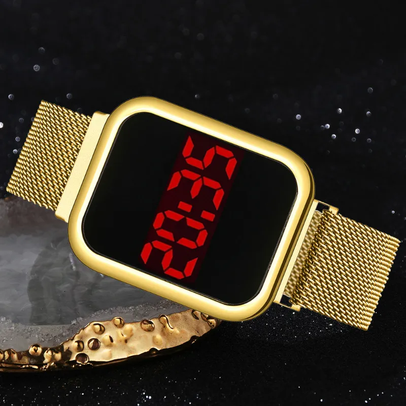 Cinto de Aço Relógios de Negócios Relógios de Pulso Relógios Femininos Malha Cinto Quadrado Cabeça Moda Personalidade Touch-screendigital Led 10 High Quality Relógios