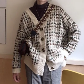 

vintage women loose cardigans winter casual Houndstooth sweaters female Houndstooth cardigans