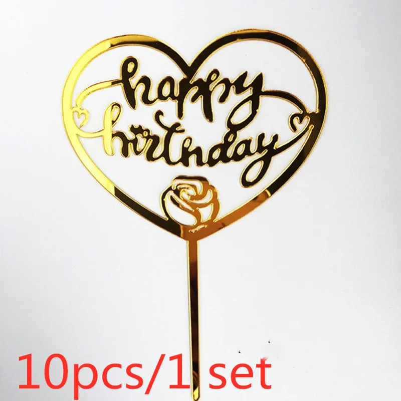 Love Happy Birthday Cake Toppers Gold Acrylic Kids Birhday Cake Topper for wedding Party Decorations Baby Shower 10pcs/set cake topper,cake decoration