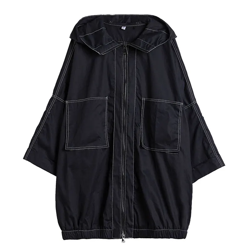 DIMANAF/женские куртки больших размеров, пальто, осеннее пальто с капюшоном на молнии, кардиган, Повседневная Свободная Базовая верхняя одежда, женская одежда черного цвета