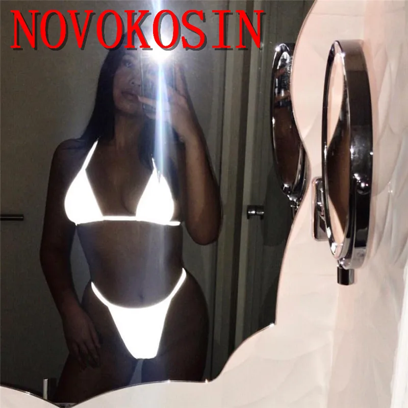 

S-XL 2019 Luxury Night Club Reflective Beach LED Swimwear Swimsuit Tie Back Triangle Bikinis Women Bra With Thong Panties