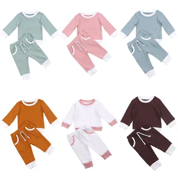 

Infant Newborn Kid Baby Boys Girls Autumn Clothes Solid Color Pullover Tops Pocket Trousers Casual Outfit Ribbed Baby Clothes
