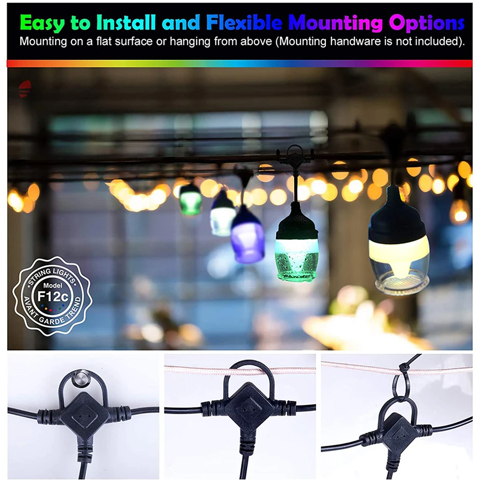 Música ao ar Pátio de Fadas Luz da Corda com Controle Luz da Corda para Cafe Remoto Livre Pendurado Guirlanda Party Jardim 12 Led Rgb 4 12 led rgb luz da corda com