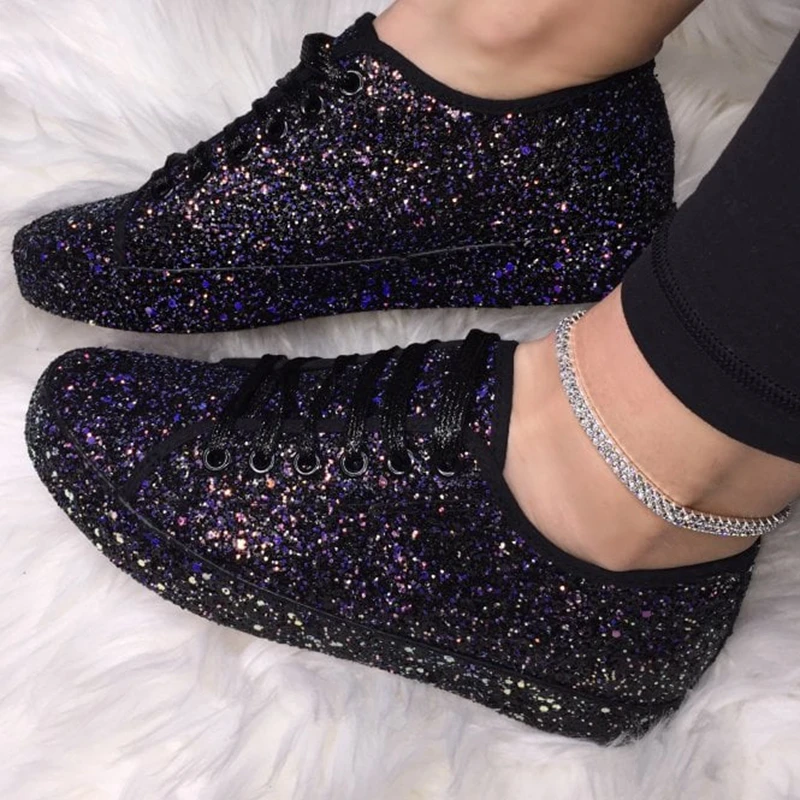 

JODIMITTY Spring Autumn Women Sneaker Black Platform Shoes Casual Breathable Crystal Bling Lace Up Sport Sequins Ladies Shoes