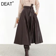 DEAT Fashion Solid Color High Waist Bow With Soft Leather Long Paragraph Large Swing Wild Skirt Female 19G-a57