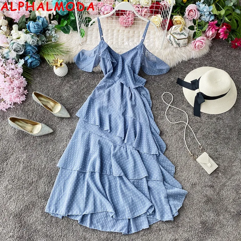 ALPHALMODA 2020 летнее пляжное стильное гофрированное платье на бретельках с открытыми