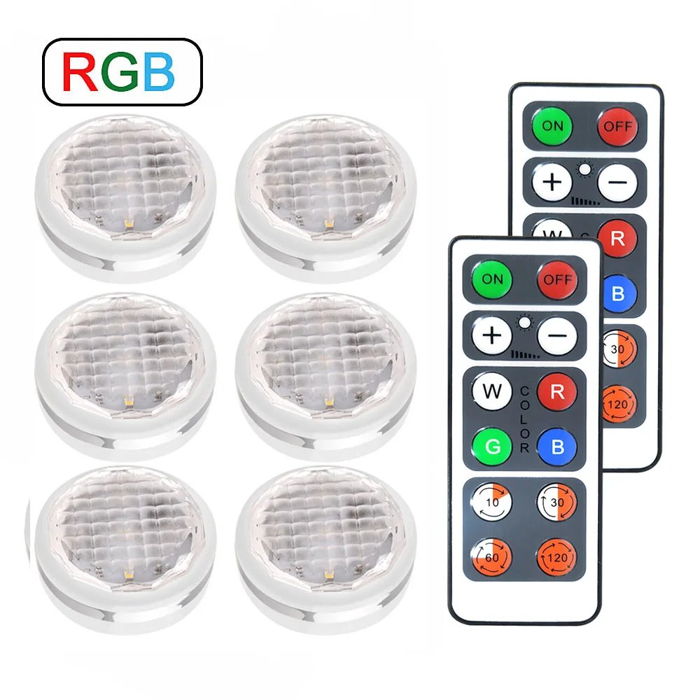 6 Lamp 2 Remote Подсветка в шкаф Беспроводной светодиодный светильник с батареей шкаф для одежды лестницы ночной Светильник кухонный светодиодный светильник с сенсорным затемнением RGB светодиодный светильник шайба светильник в шкаф - Color: 6 Lamp 2 Remote