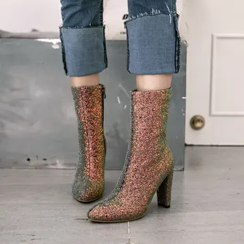 

2019 New Women's High Heels boots Pu Shoes woman Pointed Toe Solid Color Side zipper fashion Women's Winter boots Size 33-46