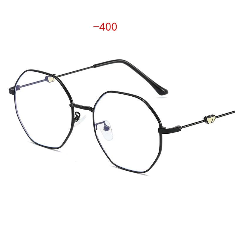 UVLAIK Двойное сердце близорукость очки ретро неправильный многоугольник Рамка Близорукость готовые очки металлические оправы очки для близоруких - Цвет оправы: Black -400