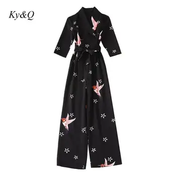 

2020 Spring New Runway Women Luxury Fashion Lapel Black Printed Sleeve Slim Long Jumpsuit Lapel Elegant High Street Clothes