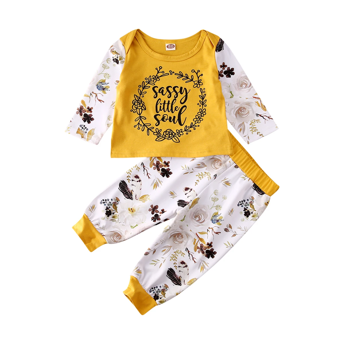 Осенне-осенняя одежда для новорожденных мальчиков и девочек, желтые топы, штаны с цветочным принтом, комплект одежды, спортивный костюм, весенняя одежда