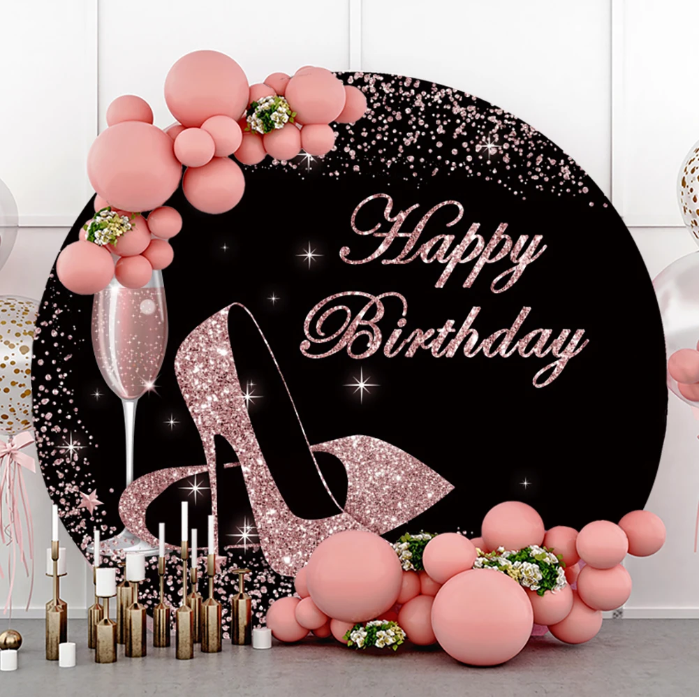 

Laeacco Pink Glitter High Heels Round Polyester Birthday Custom Backdrop Photographic Photo Background For Photo Studio