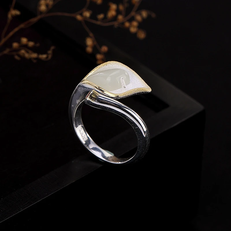 925 стерлингового серебра Магнолия простое кольцо для женщин юбилей подарок кольца натуральный нефрит винтажные кольца регулируемые
