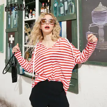 

ELFSACK Red Striped Drawstring Hooded Casual Women T-Shirt 2020 ELF Summer Floral Print Long Sleeve Ladies Korean Daily Thin Top