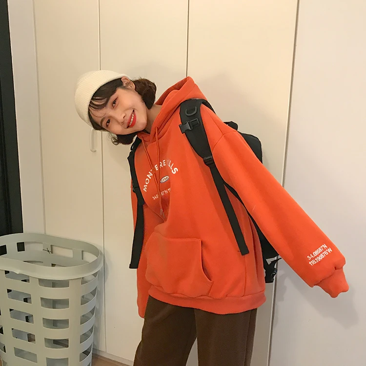 Осенняя негабаритная Толстовка, зимняя Корейская женская одежда harajuku, модная Ретро Толстовка с буквенно-цифровым карманом и вышивкой для женщин