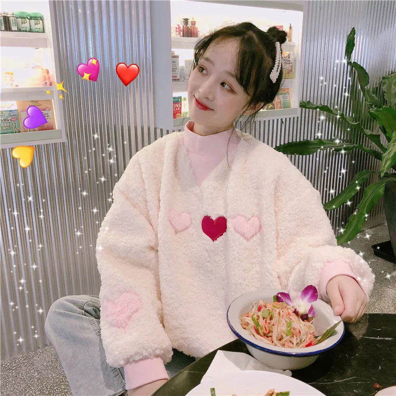 Женская толстовка Kawaii Harajuku мода, любовь, сердце вышивка с длинными рукавами Свободный пуловер Повседневная Женская толстовка