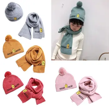 

Baby Boys Girls Hats Scarves Set Children Cartoon Small Yellow Duck Knit Hat