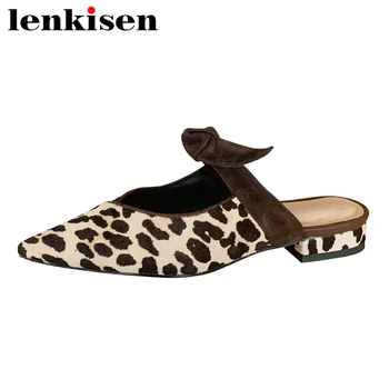 

Lenkisen new fashion outside slipper horse hair pointed toe low heel bowtie zebra pattern leopard print slip on shoes women L31