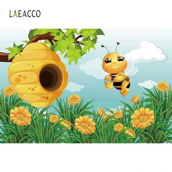 

Laeacco Baby Shower Photocall Sky Clouds Tree Honeycomb Bee Flowers Grass Photography Backdrops Birthday Photo Backgrounds Props