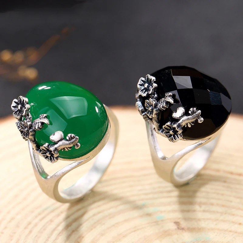990 Sterlin Silver color Women Noble Black Chalcedony Dress Rings Handmade Engraved Plum Flower Finger Ring Bijoux Fine Jewelry | Украшения