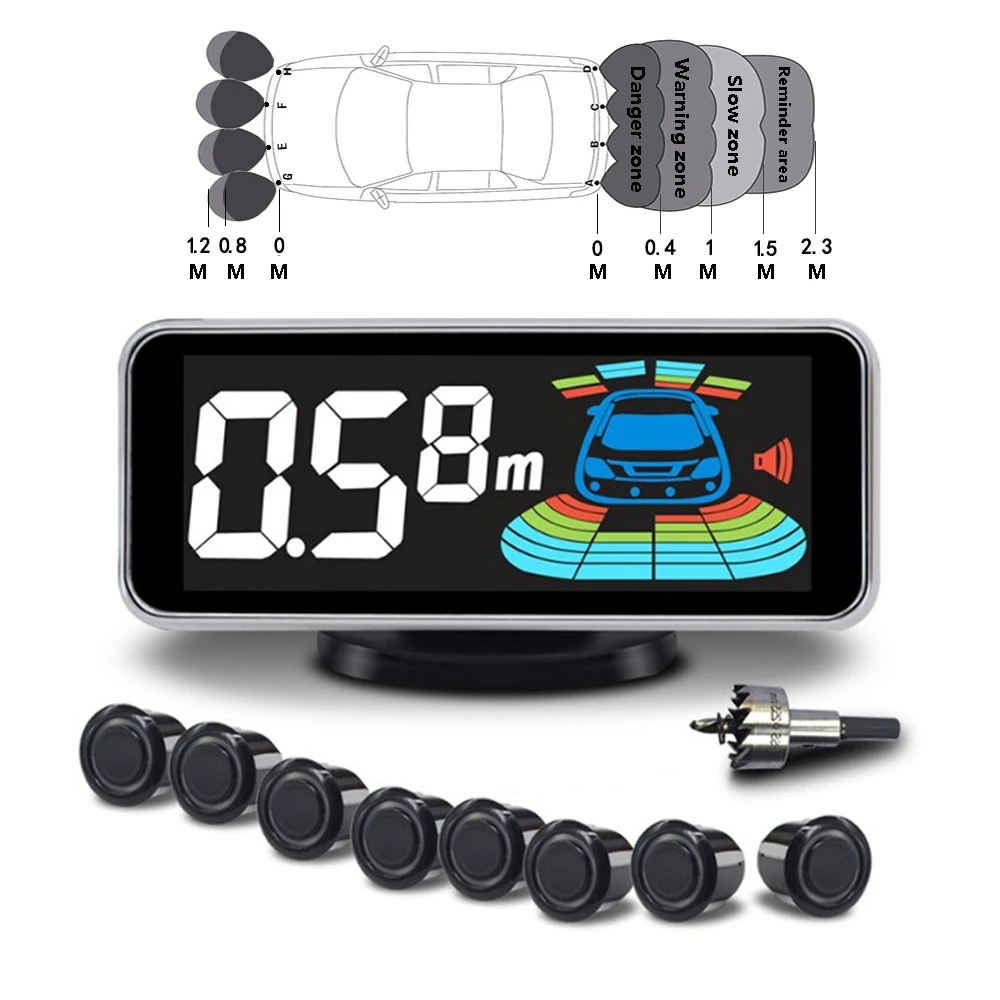 Sensor de Estacionamento Sistema de Auto Buzzer de Voz Parquônico com 8 Sensores Detector Assistência Traseira Eletrônico 8 Sensor de estacionamento parquônico com 8 sensores,