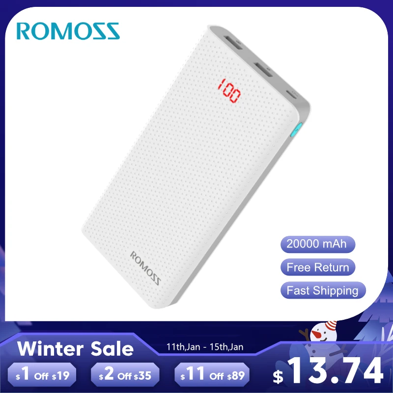 Оригинальный внешний аккумулятор ROMOSS 20000 мАч Sense 6 с светодиодный портами Внешний