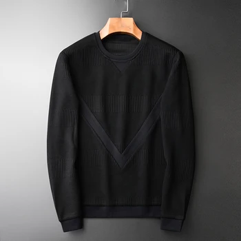 

New Black Sweatshirt Men Luxury Knit Stripe Round Collar Sweatshirt Male Autumn And Winter Slim Fit Thick Warm Mens Hoodies 4XL