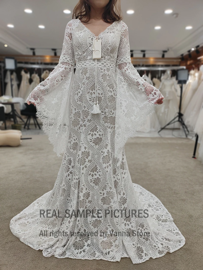 blue wedding dress Hippie Beach Boho Wedding Dress V Neck Long Bell Sleeve 2021 Backless Cut Out Lace Destination Elopement Bridal Gown Cheap 803 bridal shower dress