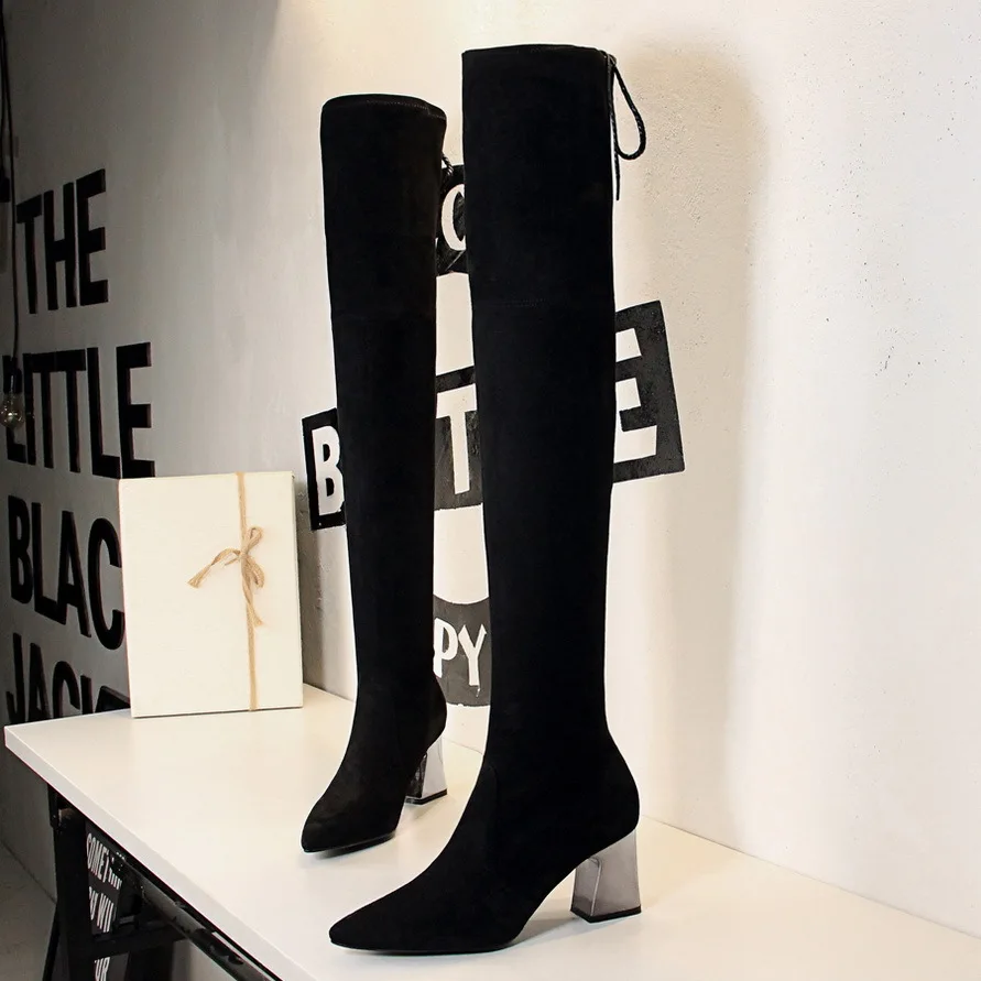 

2019 New Warm Women's Over-the-Knee Boots Pointed Concise Solid Black Flock Long Boots Casual Lace-Up High Heels Shoes for Women