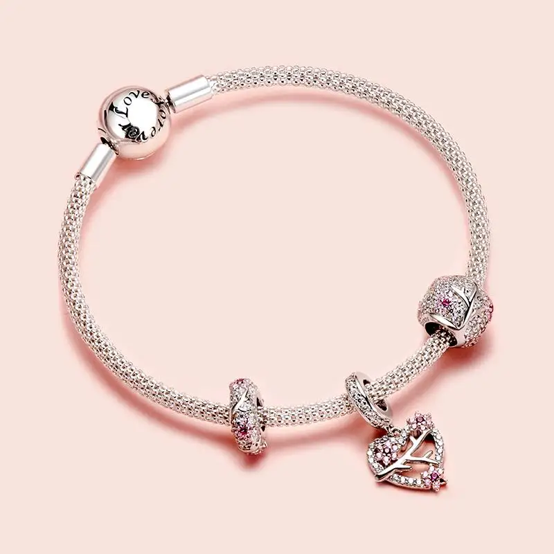 Fairytale Fairy Flower Charm 925 Sterling Silver Pink CZ Bead Fit Bracelet Chain 